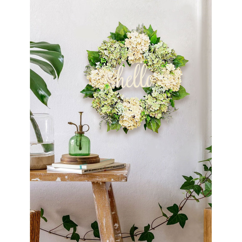 Couronne de 17,9 pouces pour porte d'entrée, couronne florale d'hortensia artificielle, décoration florale à feuilles, mur de style campagnard, rebord de fenêtre et décoration de cheminée.