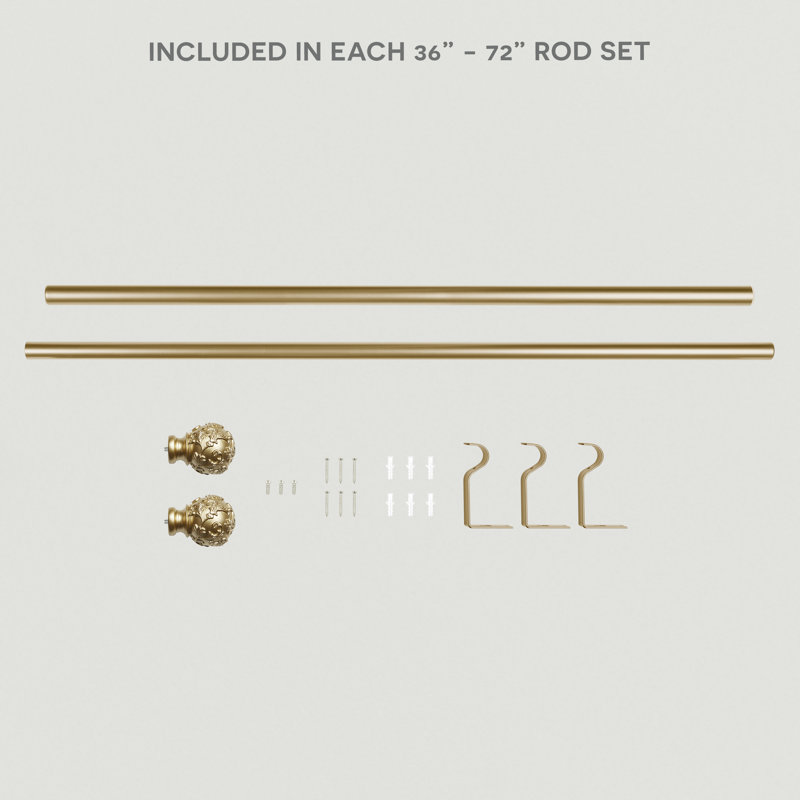 Gold Iron Adjustable Curtain Rod with Floral Resin Finials, 36"-72"