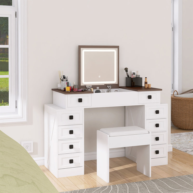 Meuble-lavabo avec éclairage à DEL à intensité variable avec 10 tiroirs, table de maquillage avec miroir rabattable pour économiser de l'espace, grand ensemble de coiffeuse avec tabouret et tiroirs