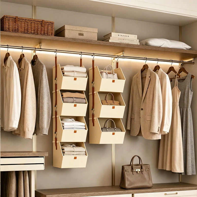 Organisateur de placard suspendu à 4 niveaux, étagères à vêtements peu encombrantes avec bacs de rangement en tissu, système de placard pliable pour chambre à coucher, dortoir, véhicule récréatif, vestiaire, beige
