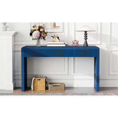 Table de style rustique bleu marine, tiroirs cannelés, fabrication, placage en bois massif, présentation des objets décoratifs, capacité du plateau de table, console à 3 tiroirs, idéale pour le vestibule, le salon, le couloir