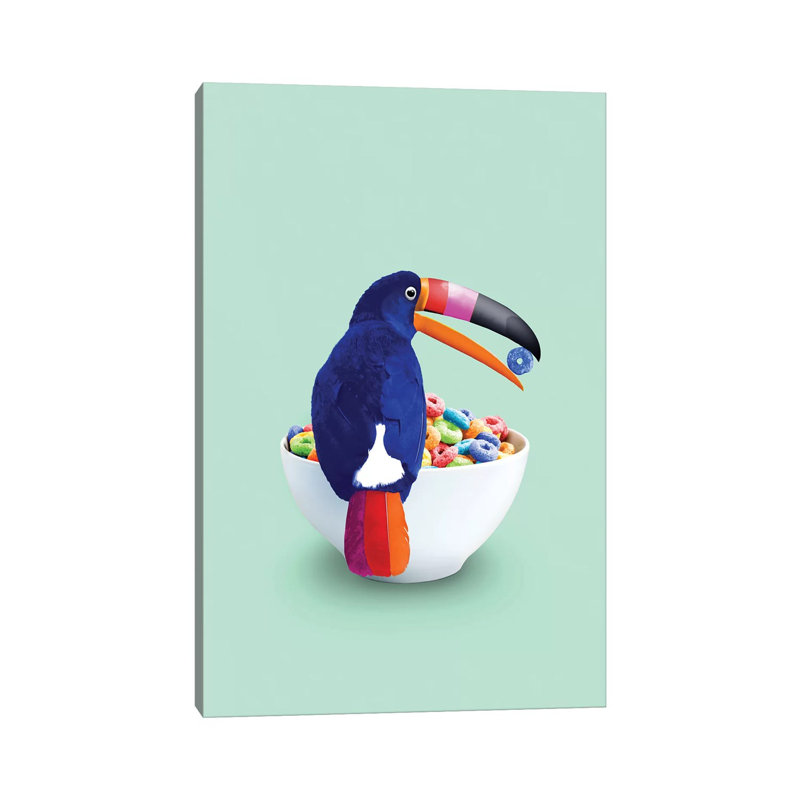 «Cereal Toucan» par Jonas Loose - peinture sur toile tendue, H 26 po x l 18 po x 1,5 po