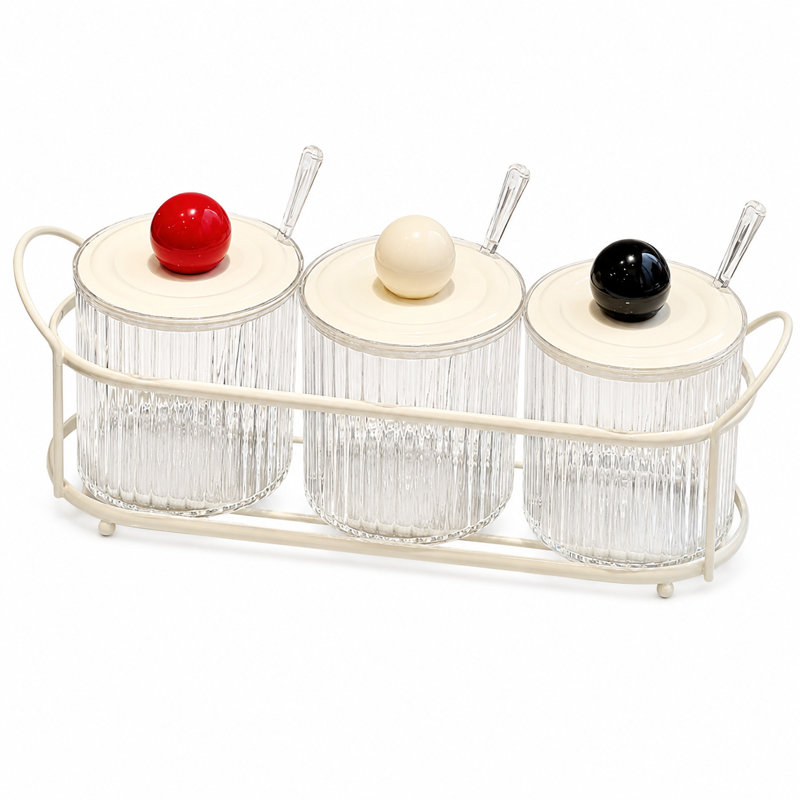 Ensemble de 3 pots à épices avec support de rangement – ​​Condiments avec couvercles et cuillères, organisateur d'épices pour la cuisine, le comptoir et la table à manger