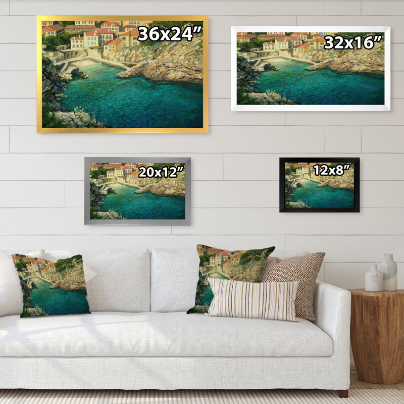 «Vintage Italian Coastal Town», reproduction sur toile, Cadre d'angle fermé noir, H 8 po x l 12 po x P 1 po