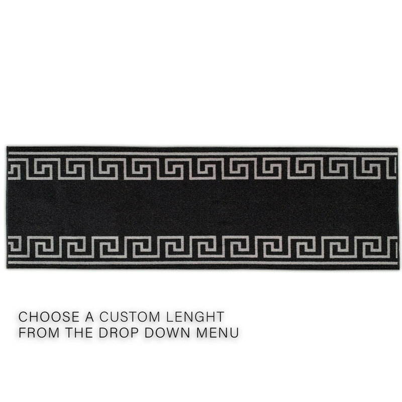 Custom Size Runner Rug 26 Inch Wide Choose Your Length Greek Key Meander Design Black Silver Color, Rectangle 2'2'' x 4'