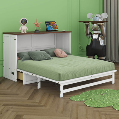 Lit escamotable, commode escamotable en pin massif avec station de charge et grand tiroir de rangement pour bureau personnel ou petite pièce