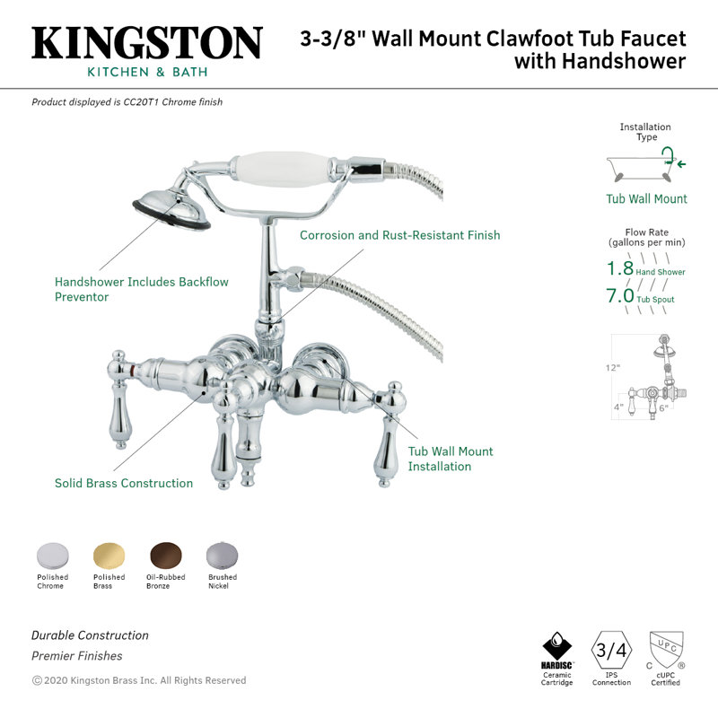 Kingston Brass Vintage Three-Handle 2-Hole Tub Wall Mount Clawfoot Tub Faucet with Hand Shower, Brushed Nickel