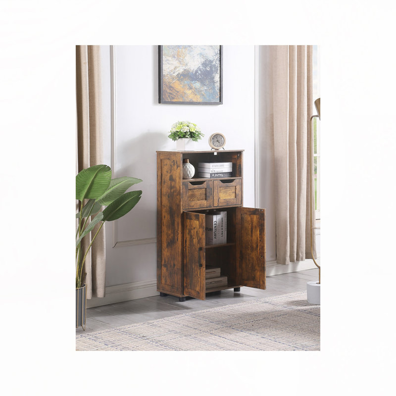 Storage Cabinet with 2 Large Drawer & Adjustable Shelf, Rustic Brown