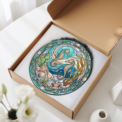 Seahorse Scene Stained Glass Window Panel，12"H