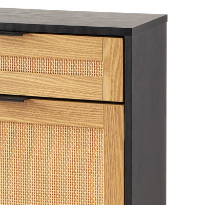 Rattan Shoe Cabinet, Narrow Shoe Storage Organizer With 2 Flip Rattan Drawers & 1 Slide Drawer, Metal Legs, Slim Shoe Entryway Cabinet Ideal For Entryway, Closet, Hallway, Black, Sideboard