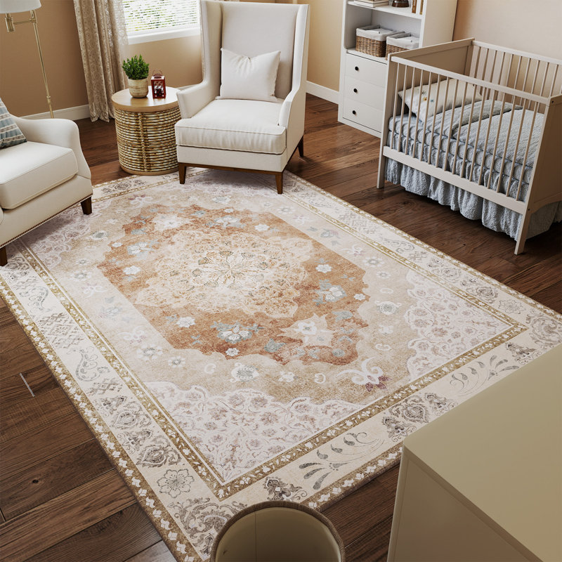 Living Room Rug 8x10 ft Light Brown Area Rug Machine Washable Rug, Non Slip Vintage Rug Stain Resistant Indoor Large Carpet for Bedroom, Boho Rug, Distressed Retro Floor Rug for Classroom, Dorm, Dining Room