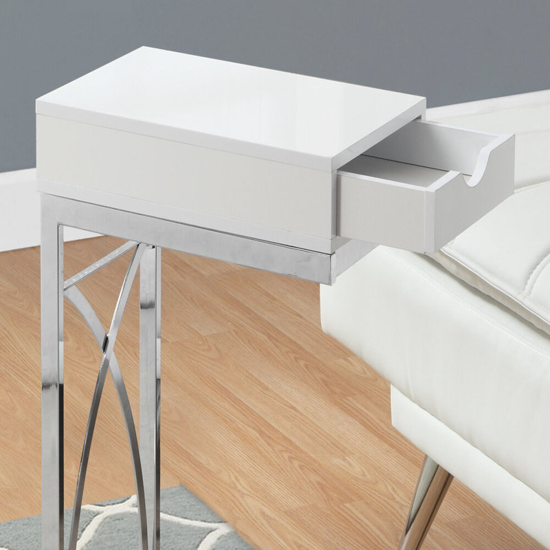 Table d'appoint moderne en forme de C avec tiroir, blanc brillant et base en métal chromé, petite table de bout pour le salon