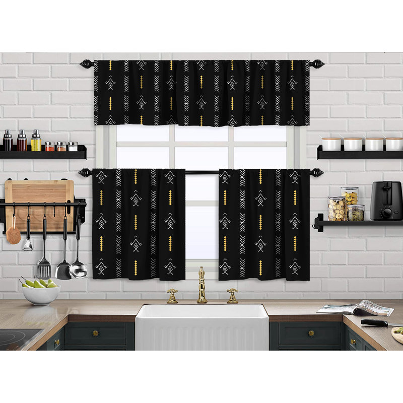 Boho Design Kitchen Valance (50X14) And 2 Tiers Cafe Curtains, Black, 24" W x 24" L