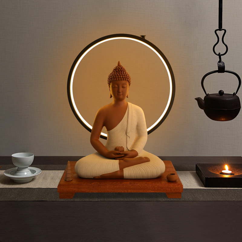 Statue de Bouddha en céramique et lampe de table circulaire à DEL pour la décoration intérieure, Brown/Grey