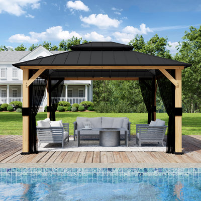 13FT X 11FT Solid Wood Outdoor Hard Top Patio Gazebo
with Ceiling Hook,Mosquito Netting