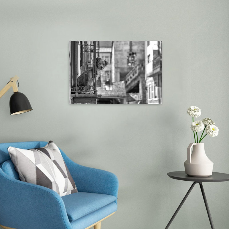 Curious Dog On Balcony Classic Rustic Vintage Dog Architecture City Wall Art Print, 40.64cm H x 60.96cm W
