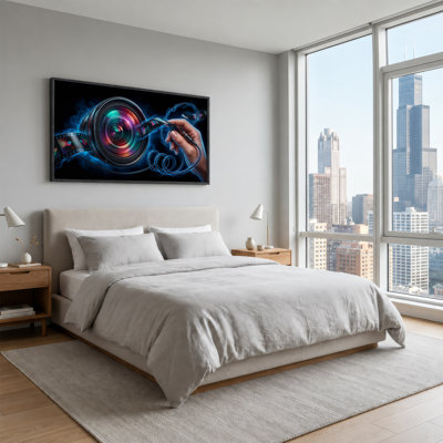 Colorful Camera Lens and Film Strip with Blue Smoke Canvas Wall Art