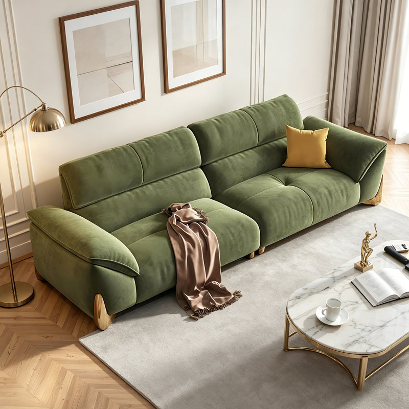 Canapé droit en chenille vert crème en tissu de style Mid-Century pour les petits espaces, 35.43" H x 110.24" W x 39.37" D