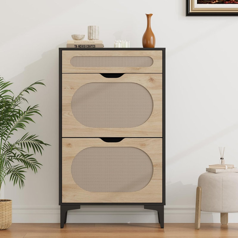Rattan Shoe Cabinet With 2 Flip Drawers And 1 Pull-Out Drawer, Free Stand Shoe Storage Cabinet, 3-Position Adjustable Shelf, Narrow Shoe Cabinet For Entryway/Porch