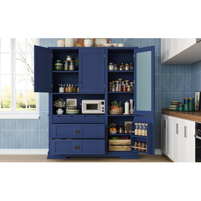 Traditional 63.3x17.8.x78.3inch Freestanding Buffet with Hutch, Large Kitchen Pantry Storage Cabinet Cupboard with Drawers,Door Shelf and Adjustable Shelves, Blue