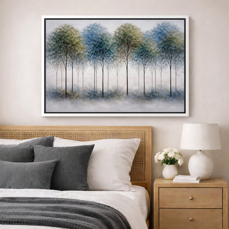 Misty Blue Tree Row, H 24 po x l 36 po x P 1,5 po, Cadre blanc