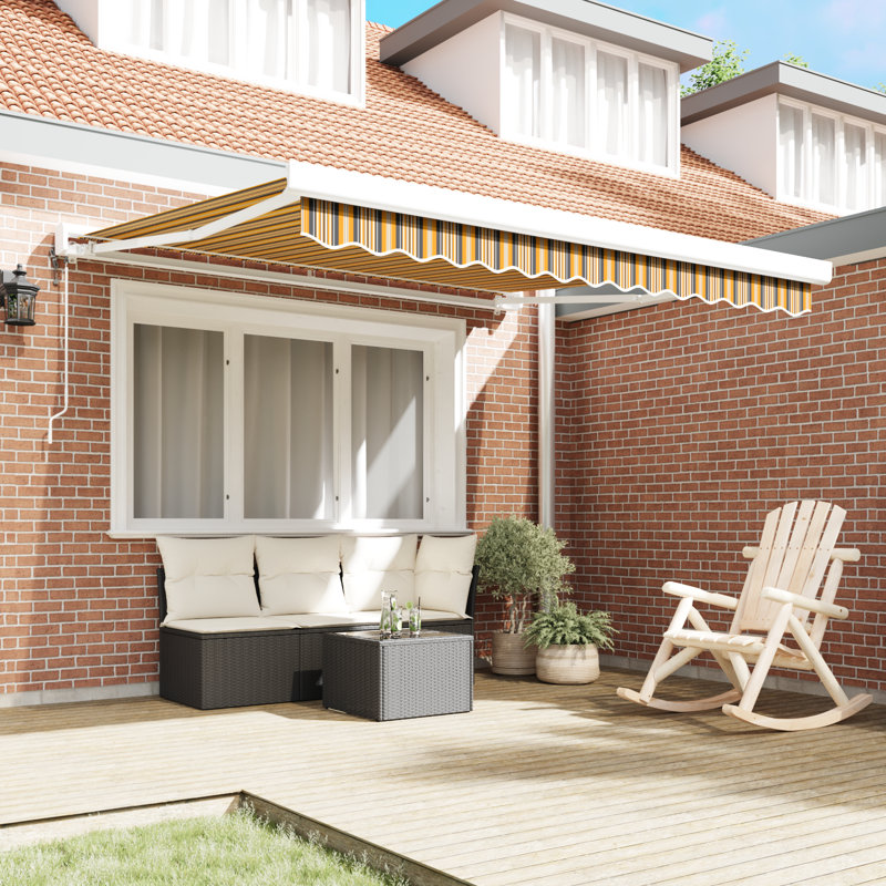 Ebern Designs Polyester Cover Retractable Patio Awning, Yellow/Grey/Anthracite Striped, 300 cm W x 250 cm D