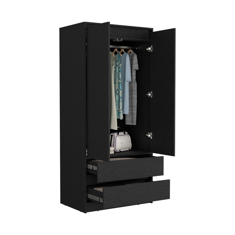 Armoire 2 tiroirs, porte double, tringle, Noir