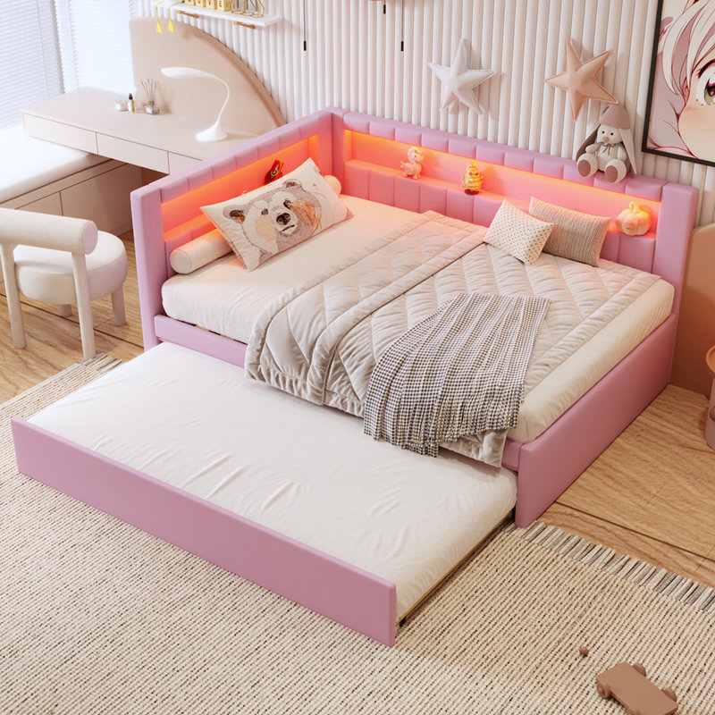 Modern LED Bed with USB Charging Trundle and Sturdy Wood Frame for Enhanced Comfort and Convenience, Pink