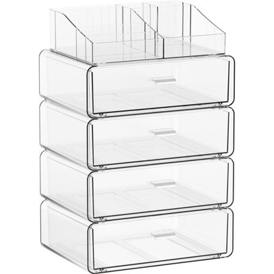 5-Tier Clear Acrylic Makeup Organizer with Drawers, Countertop Cosmetic Storage Stand for Dresser & Bathroom Vanity, Holds Brushes & Skincare Products