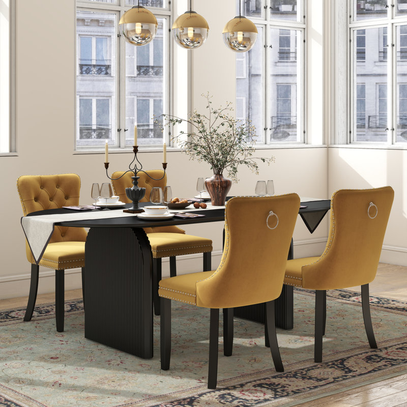 Ensemble de salle à manger Mid-Century, Noir, 5 pièces: table, 4 chaises, Jaune