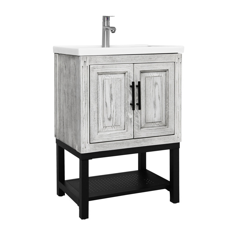 Meuble-lavabo moderne de 24 po avec lavabo en céramique lisse, robinet en aluminium texturé et 1 tablette ouverte pour les armoires autoportantes