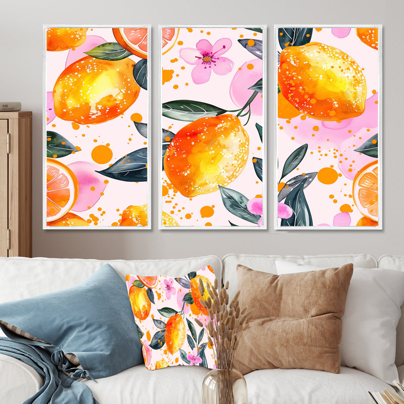 Ensemble de décorations murales jaune et rose, H 28 po x l 36 po, Cadre flottant blanc