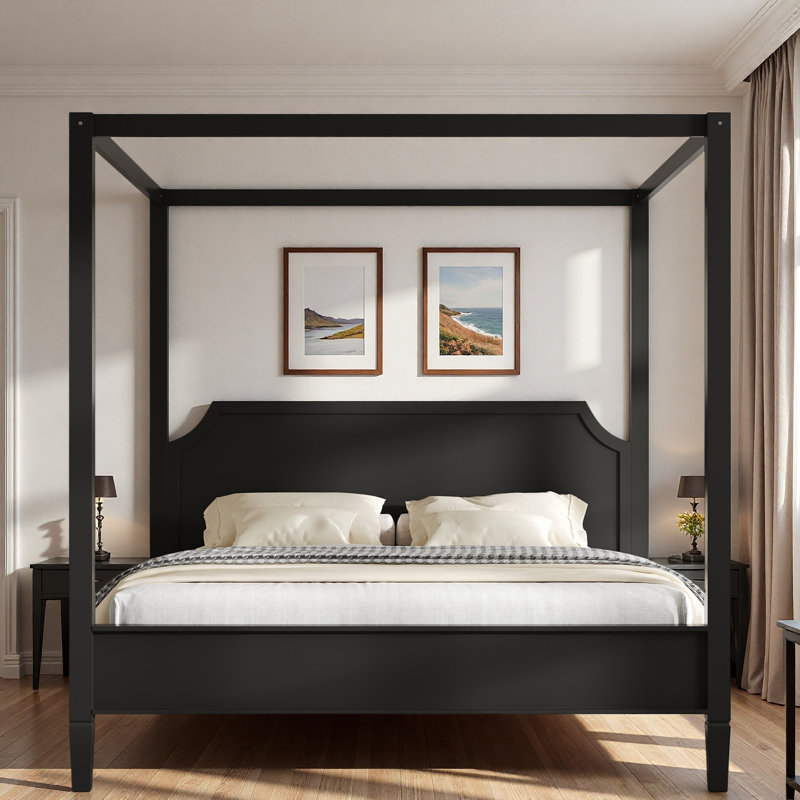 Lit plateforme à baldaquin en bois avec tête de lit élégante et pieds de soutien, Grand lit, Noir