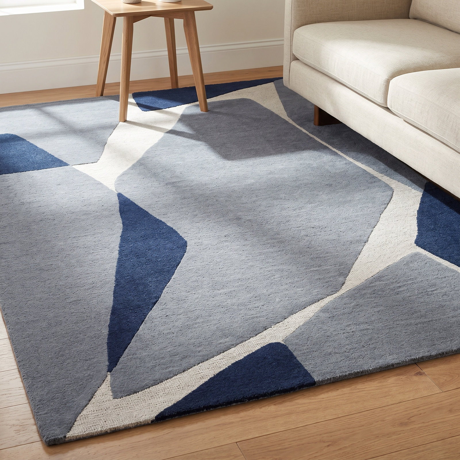 Light Blue Navy Hand-Tufted Abstract Wool Rug, Rectangle 10' x 14'