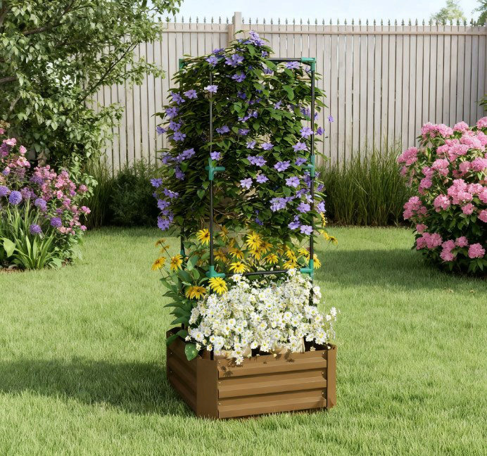 Lit de jardin, jardin surélevé, jardinière galvanisée avec cage pour vignes grimpantes, Brun