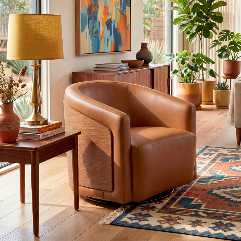 Delwood Faux Leather Modern & Comfort Swivel Barrel Chair, Yellow Brown