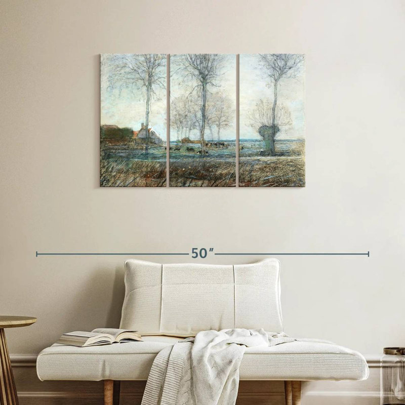 Alvord Farm mettant trois grands arbres au premier plan, H 24 po x l 38 po
