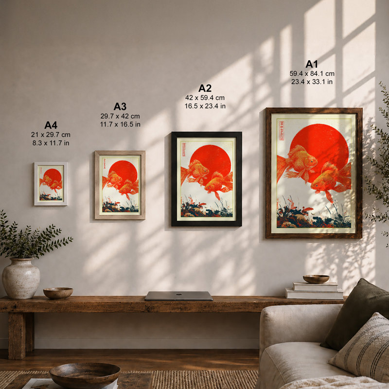 Goldfish and Moon Japandi 1 Piece Single Picture Frame Wall Art, A1 - 84.1 x 59.4 cm, White
