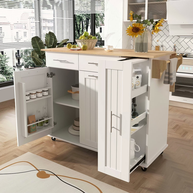 Kitchen Island With Drop Leaf, Kitchen Storage Cart With 3 Tier Pull Out Cabinet Organizer, Internal Storage Rack, Rolling Kitchen Cart On Wheels With Towel Rack, 2 Drawers, For Kitchen
