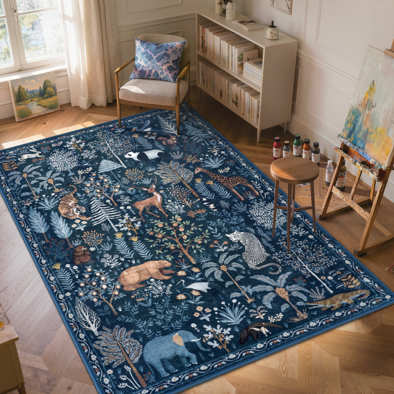  Goldene Whimsical Jungle Animal Washable Area Rug for Kids Room & Nursery, Soft Non-Slip Botanical Playroom Carpet