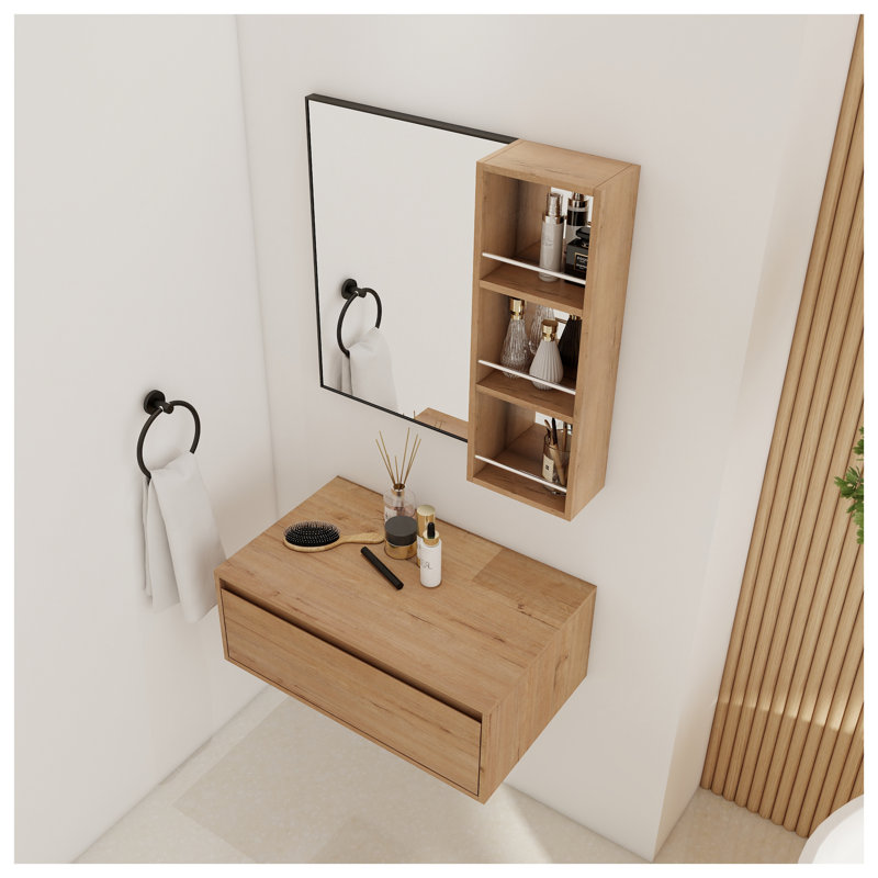 Wall-Mounted Vanity Cabinet with Mirror, Imitation Oak Finish Bathroom Storage Unit