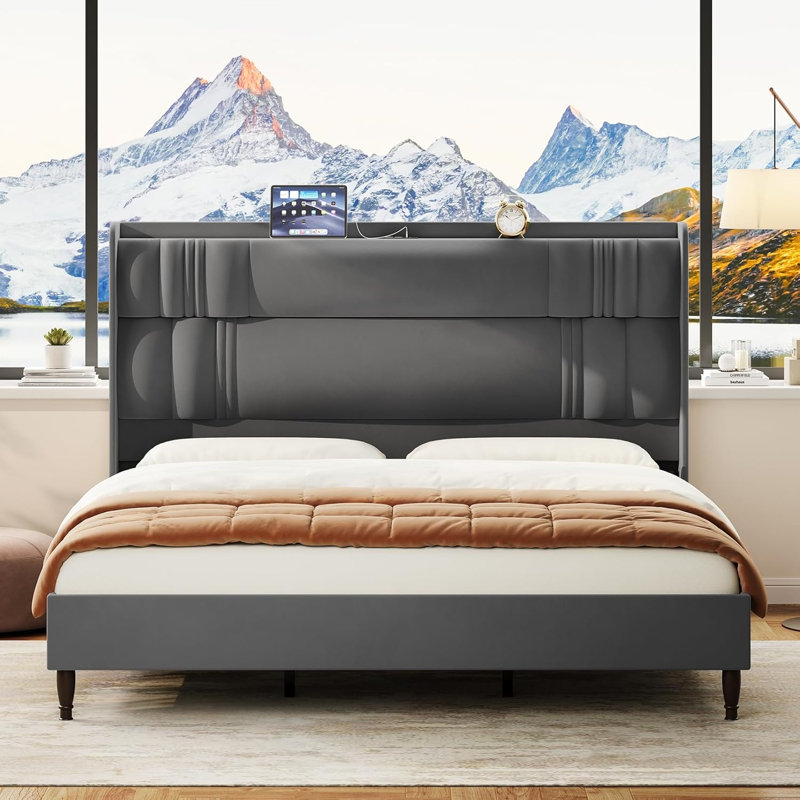 Structure de lit tête de lit en velours avec ports de charge USB, Roi, Gris foncé