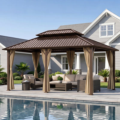 12X16ft Hardtop Gazebo with Dual-Tiered Polycarbonate Roof and Aluminum Frame