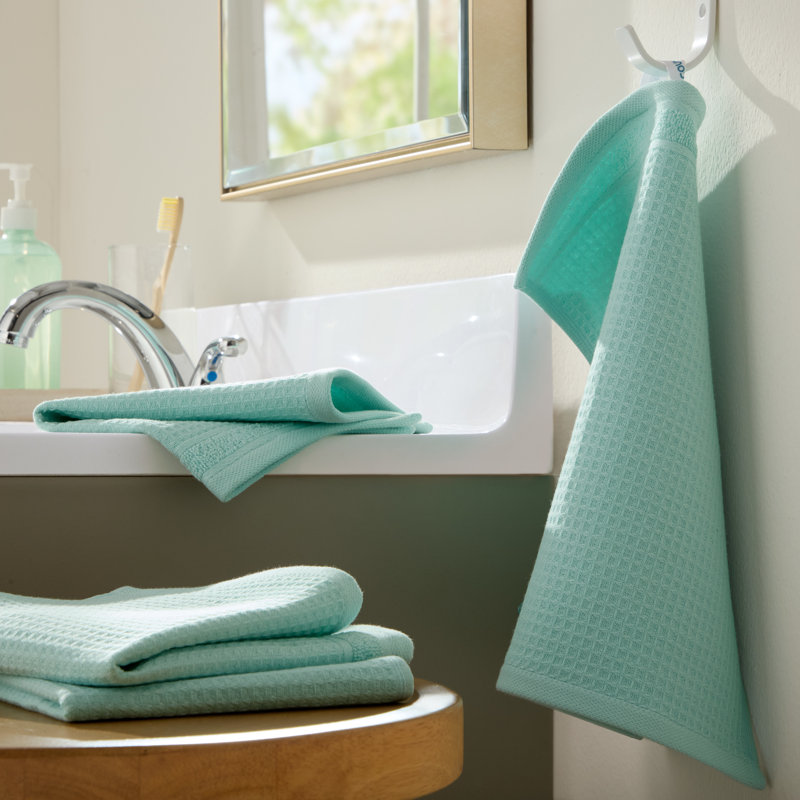 TOWN & COUNTRY BASICS 4-Piece Waffle Woven Terry Stripe Washcloth Set, 13x13-Inch, 100% Cotton, Quick Dry, Mint Blue
