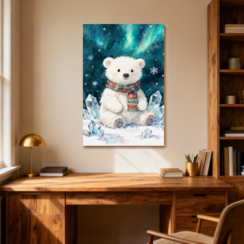 Ours polaire de Noël avec foulard et fond aurore, H 24 po x l 16 po