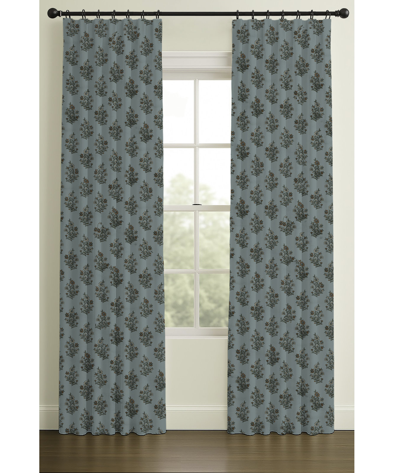 Nichols Floral Block Print Single-Lined Curtain, Ivory