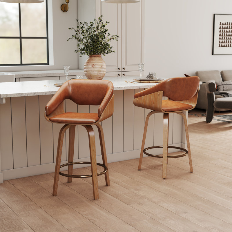 Modern Farmhouse Counter Stool - 360° Swivel & Ring Footrest - Solid Wood Frame - 26" Height Adjustable Stool For Kitchen Island