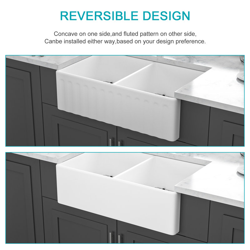 Évier de cuisine blanc réversible - 33 po x 20 po x 10 po en porcelaine blanche à double cuve en céramique réversible