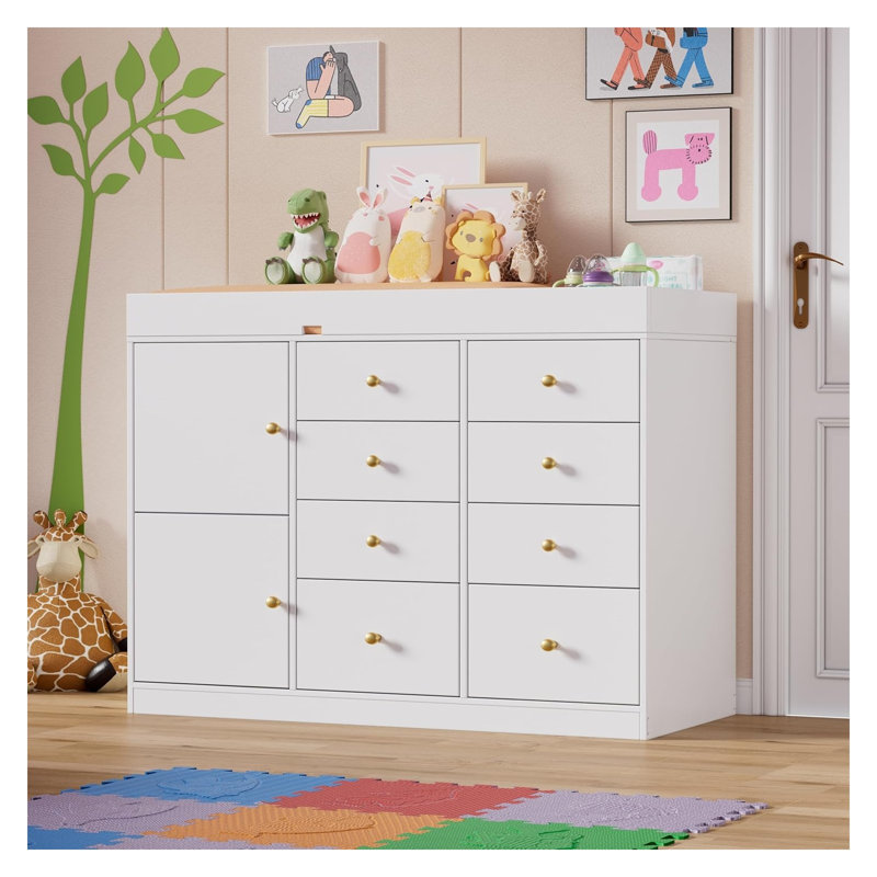 Commode de chambre de bébé blanche à 8 tiroirs avec armoire à langer et rangement classique