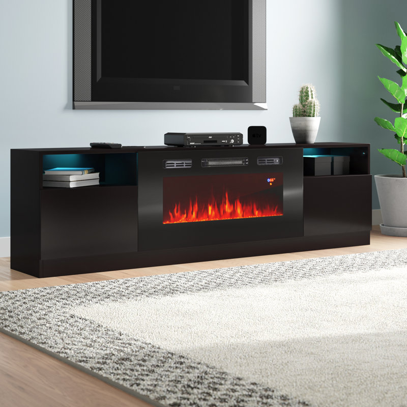 Ortiz 78.7" Modern TV Stand with Electric Fireplace, High Gloss Finish, Media Storage, Black